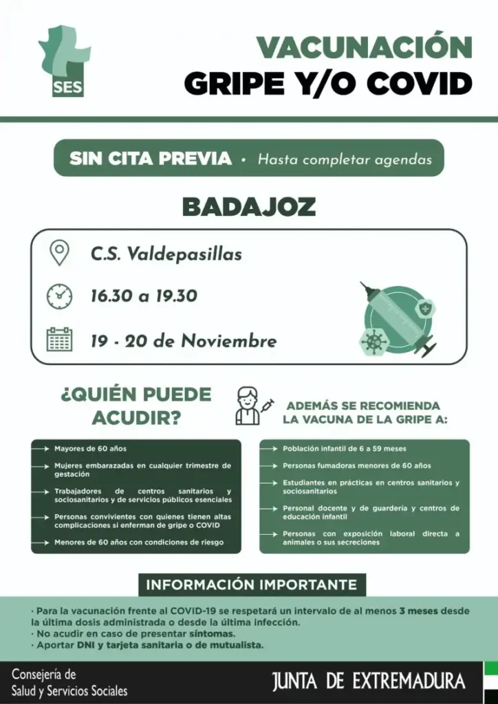 Extremadura Amplía la Campaña de Vacunación de Gripe y COVID-19 Sin Cita Previa